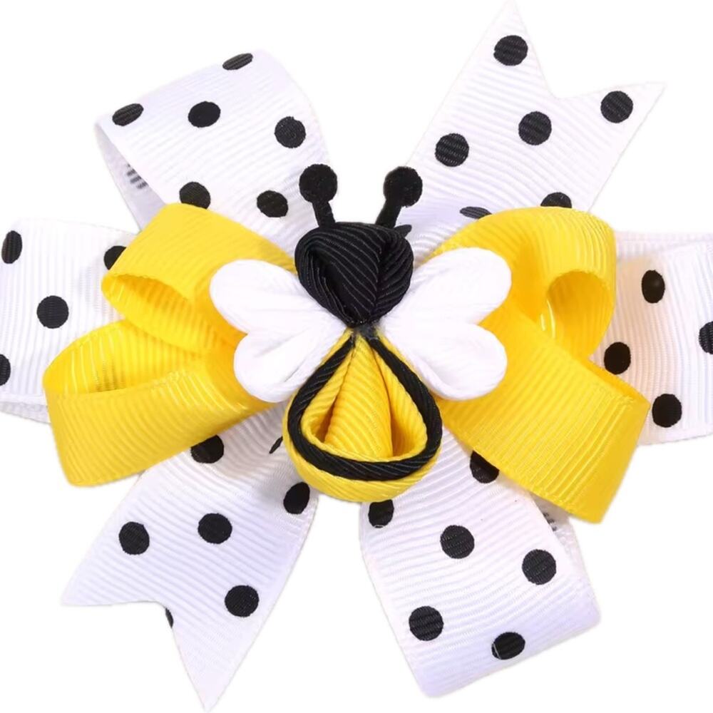 New Yellow and White Polka Dot Bow with Bee Accent